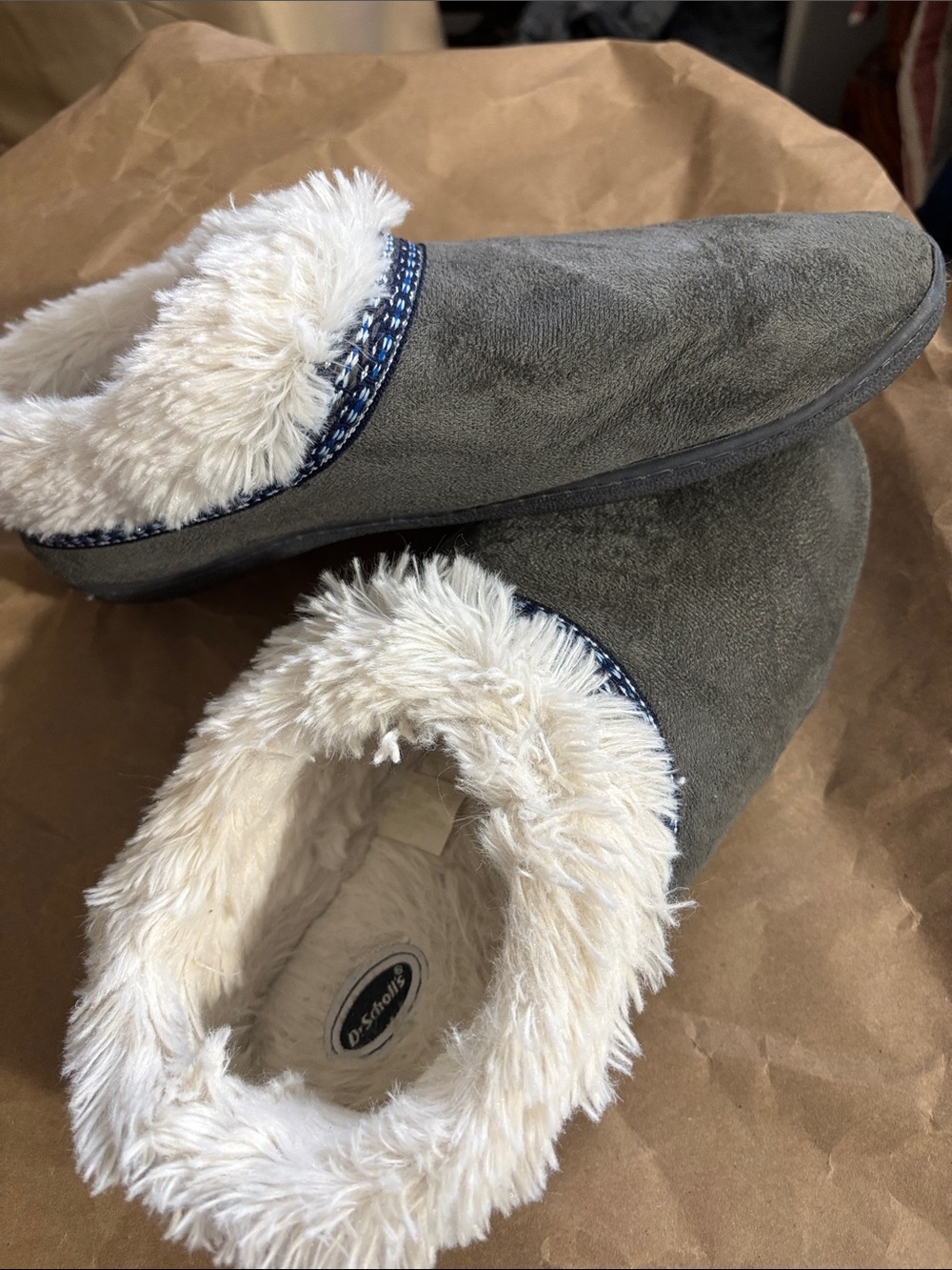 Dr. Scholl's Gray Faux-Suede Fur-Lined Slip-On Slippers with Cream Lining